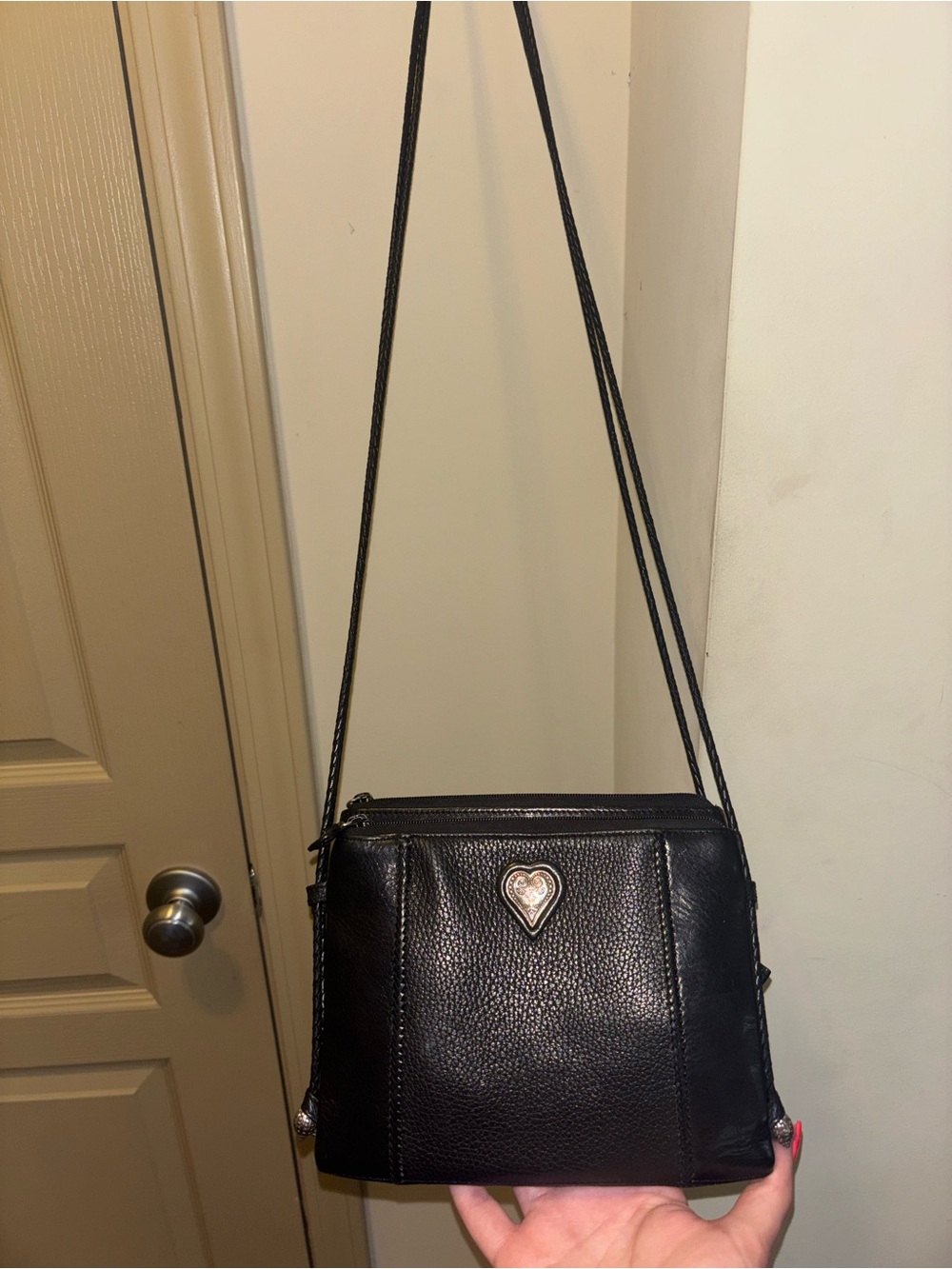 Vintage Brighton Black Heart-Emblem Crossbody Bag - Women's Leather Shoulder Bag